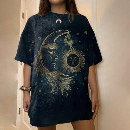 Cotton T-shirt New Style Womens Retro Sun And Moon Printing Round Neck Short-sleeved Womens T-shirt Oversized T-shirt Ladies T