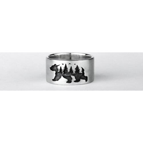 New Simple Black Bear Forest Pattern Black and White Landscape Ring Original Forest Small Fresh Handmade Mens Ring