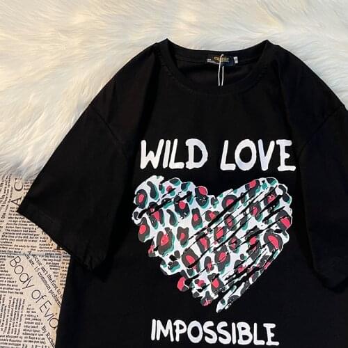 Summer mid-length cotton womens T-shirt love letter printing large size female student T loose college style