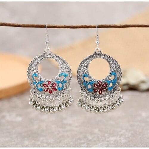 Fashionable European and American Retro Character Earrings Ladies Long color-painted Tassels ear pendant Bohemian ethnic earring