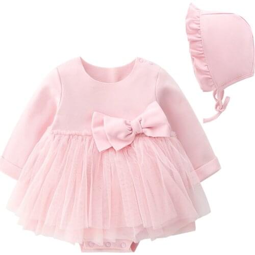 Baby Girl Clothes Cotton Patchwork 2PCS Baby Girl Dress+Hat Full Sleeve 0-12M Autumn Bow Newborn Mesh Winter Girls Baby Clothing
