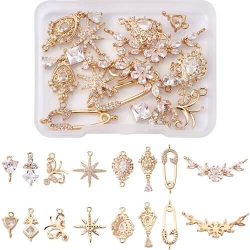 16 Pcs 8 Styles Brass Micro Pave Cubic Zirconia Links Connectors Pendants Long-Lasting Plated Mixed Shapes Clear