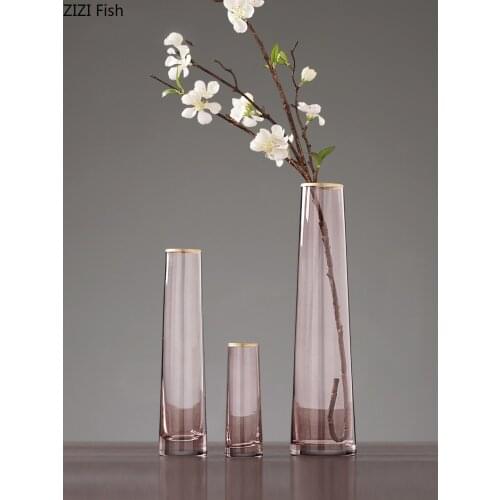 Gold Trim Glass Vase Gray Hydroponics Flower Pot Floral Arrangement Transparent Pink Vases Home Decoration Accessories Modern