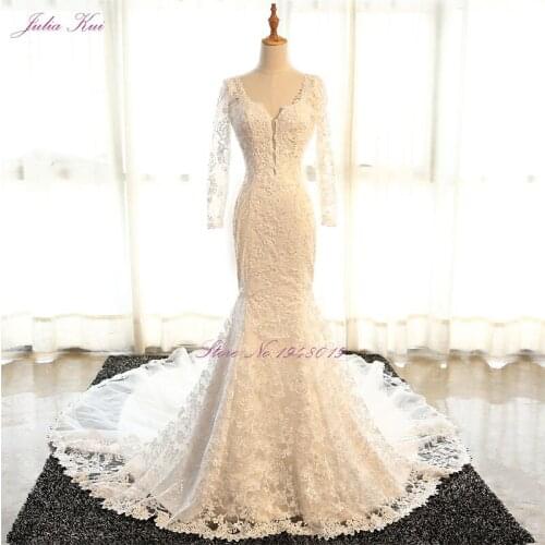 Julia Kui Mermaid Wedding Dress with Beaded V-neckline and Beaded Spaghetti Straps Heavily Ruffled Lace Bridal Gown