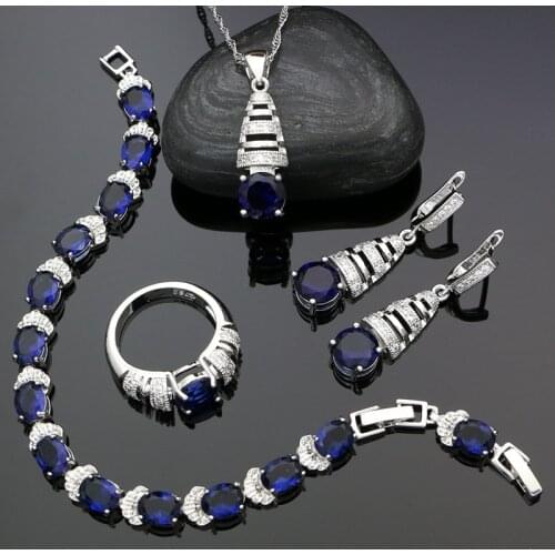925 Sterling Silver Jewelry Sets Blue Cubic Zirconia Earrings/Pendant/Necklace/Ring/Bracelet For Women Party Accessories