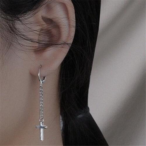 Punk Hip Hop 1pcs Cross Chain Clip Earrings Silver Color Tassel Earrings for Women Jewelry Accessories Gifts