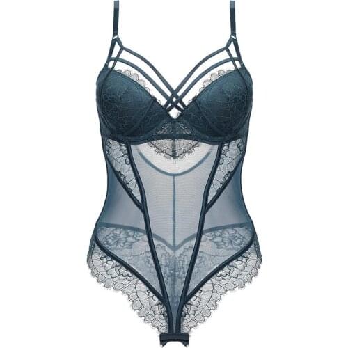 Women Sexy Lace Padded Bodysuit Jumpsuit Mesh Transparent Bra Intimates Set Woman Lingerie Bustier Push Up Underwear Plus Size