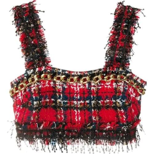 HIGH STREET Newest Fashion 2021 Designer Tops Womens Sequined Tassel Plaid Tweed Camis