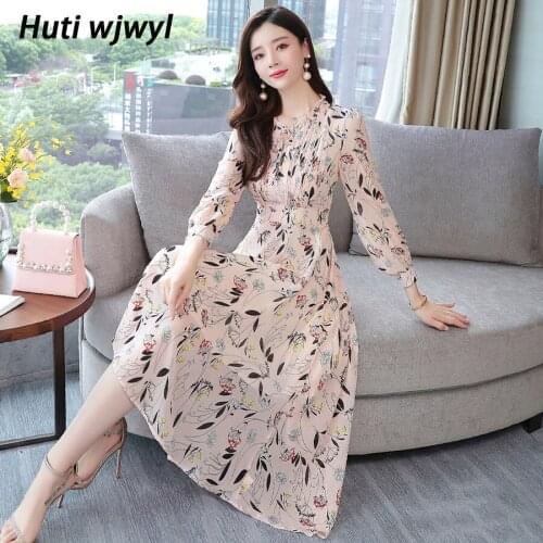 Autumn Winter Print Long Sleeve Dress Elegant Women Bodycon Party Vestidos 2021 Femal Vintage Pink Floral Chiffon Midi Dresses