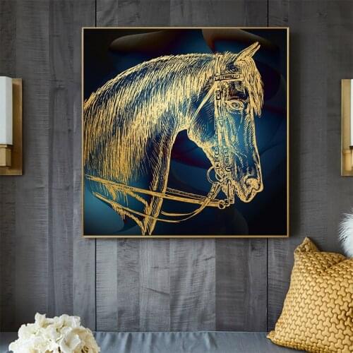 Gold Horse Painting Modern Home Decor Canvas Prints Printed Giclee Printing Modern Decorative Wall Pictures Posters Prints