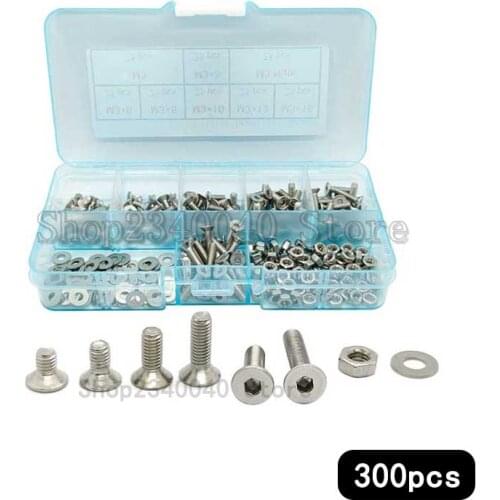 300Pcs/set 304 Stainless Steel Hexagonal Countersunk Screws Flat Head Screw M2 Flat Head Machine Screws nut washers Kit