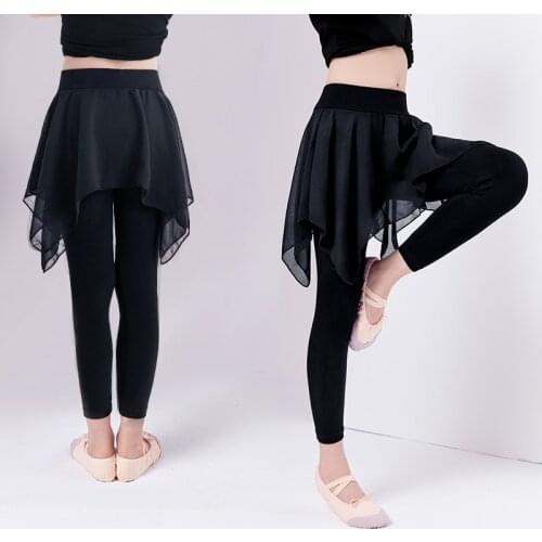 Girls Kids Black Ballet Dance Pants Children Modal Pants With Chiffon Skirt Gymnastics Dance Training Leggings