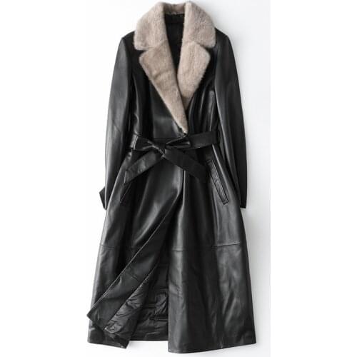 High End Mink Collar Leather Down Jacket for Women Fall / Winter 2020 Slim Fit Sheepskin Coat Thick Warm Windbreak Parka Belt