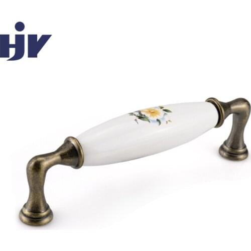 HJY Ameriacn Furniture Handle Classic Retro Kitchen Cupboard Pull Antique Bronze Ceramic Flower Cabinet Handle Hardware C24181