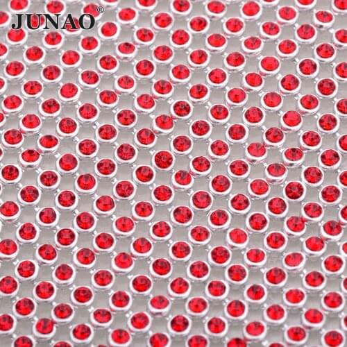 JUNAO 45*120cm Hotfix Red Rhinestone Fabric Mesh Silver Metal Trimming Aluminum Mesh Crystal Strass Applique for Decoration