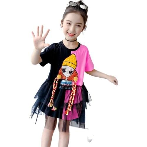 Children Vestidos for 4-14T Cute Cartoons Little Girls Printing Costume Summer Lace Shorts Sleeve Wedding Party Princess Dress