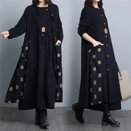 2020 Autumn New Plus Size Womens Jacket Literary Loose Casual Cotton and Linen Color Matching Long Sleeve Long Windbreaker K382