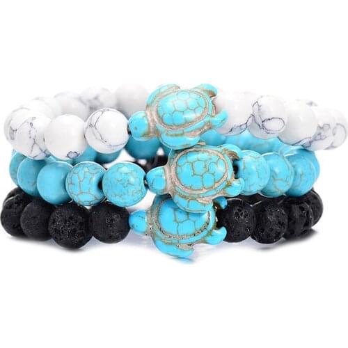 Summer Style Sea Turtle Beads Bracelets For Women Men Classic 8MM Blue Natural Stone Elastic Friendship Bracelet Beach Jewelry
