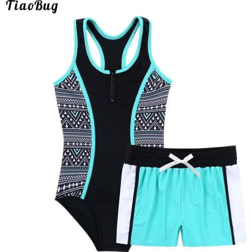 TiaoBug Summer 2Pcs Kids Girls Swimming Suit Round Neck Sleeveless Racer Back Jumpsuit And Boyshorts Set Swimwear Bikini