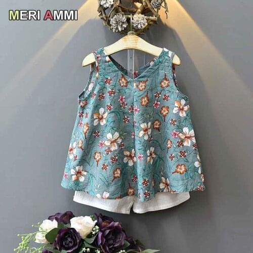 MERI AMMI 2 pcs Set Children Girl Clothing Outfit Set V-neck Sleeveless Floral Tee +Shorts For 2-7 Year Girl