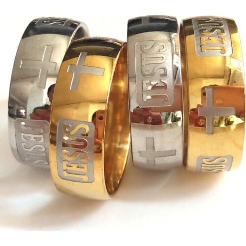 20pcs GOLD SILVER etched JESUS CROSS rings Engrave Men Women Stainless Steel Religious Faith Ring Xmas Gift church Accessories