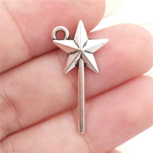 BULK 30 Zinc Alloy Fairy Tale Themed Magic Wand Charms Antique Silver Plated Handmade DIY Metal Pendant 13*20mm 0.6g