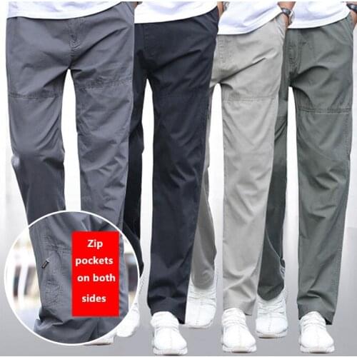 Pure cotton middle-aged mens casual Pants spring/autumn thin mens trousers high waist loose straight dads trousers 2021
