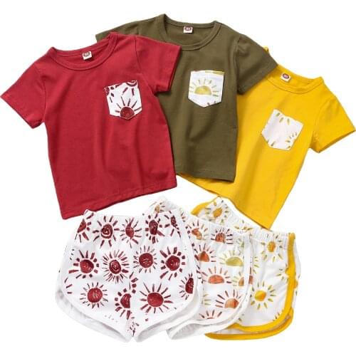 Infant Kids Baby Girl’s Casual T-shirt and Shorts Set Fashion Pocket Short Sleeve Tops and Sun Printed Short Pants