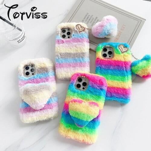 Luxury Diamond Plush Rainbow Phone Case Set For Huawei P40 P10 Plus P20 P30 Mate 40 30 9 10 Lite 20 Pro 20 X Case Soft