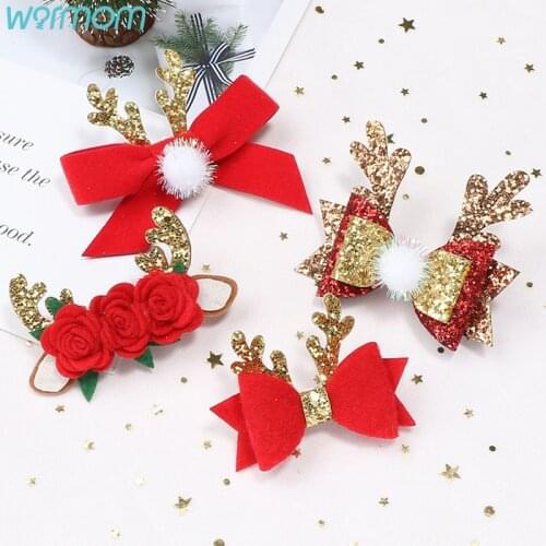 Warmom Christmas Sequins Elk Horn Hairpin Ball Bow Hair Clips Infant Toddler Headwear Kids Hair Accessories Christmas Hair Grips