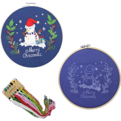 Snowman DIY Christmas Embroidery Kit Flower Pattern Printed Cross Stitch Embroidery Hoop Needlework Sewing Art Painting Decor