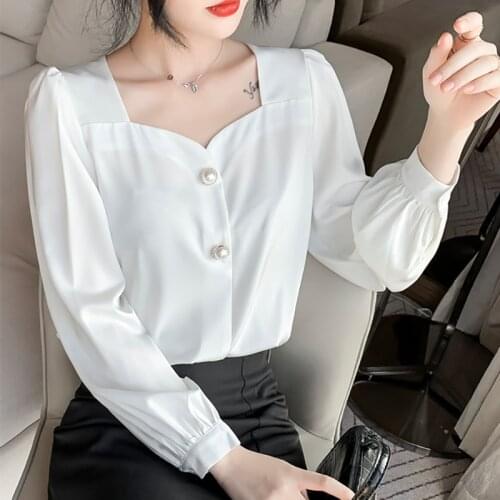 Spring Fall Womens Shirt Summer Square Collar Blouses Women Long Sleeve Blusas Elegantes Female Office Button White Ladies Tops