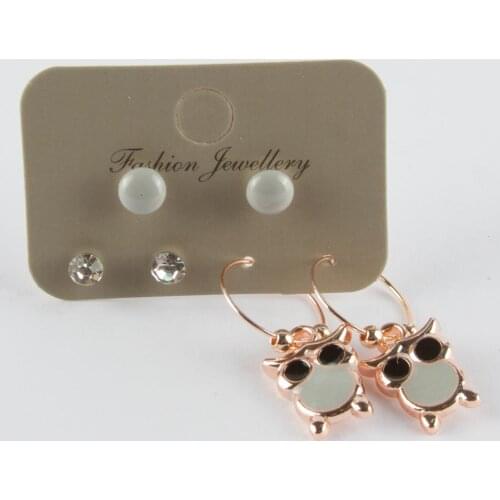 6'lı Owl Figured Cabochons Ring Earrings