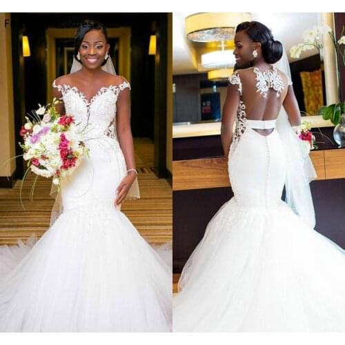 Mermaid African Girls Wedding Dresses Sexy Lace Backless Formal Bridal Gowns Tailor Made Plus Size Available