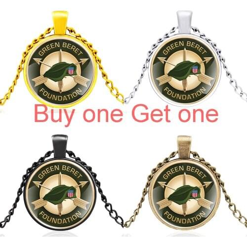 Unique Green Beret Foundation Symbol Glass Dome Charm Men Women Vintage Pendant Necklace Jewelry Gifts