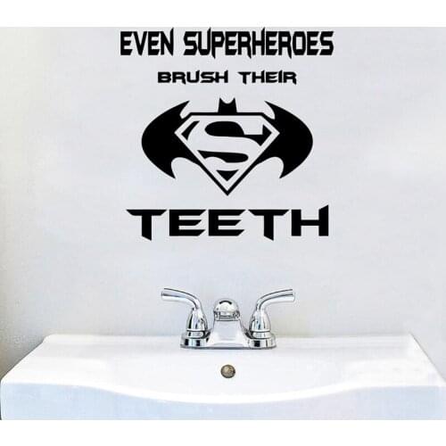 Even Superheros Brush Their Teeth Quote Wall Decal Vinyl Art Stickers Kids Boys Dental Care Bathroom Wall Art Decor