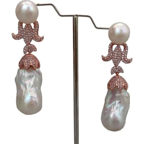 Y·YING Freshwater Cultured White Keshi Baroque Pearl Drop Stud Cubic Zirconia Pave Rose Gold Color Dangle Earrings