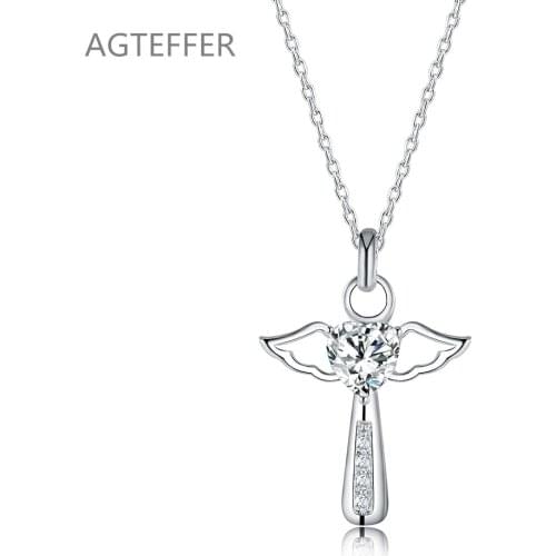 AGTEFFER 925 Sterling Silver 18 Inch Chain White AAA Zircon Cross Heart Necklace For Women Fashion Wedding Charm Jewelry