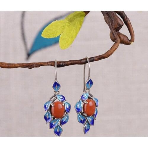 FNJ Jasper Earrings 925 Silver Original Pure S925 Sterling Silver Drop Earring for Women Jewelry Feather Red Agate