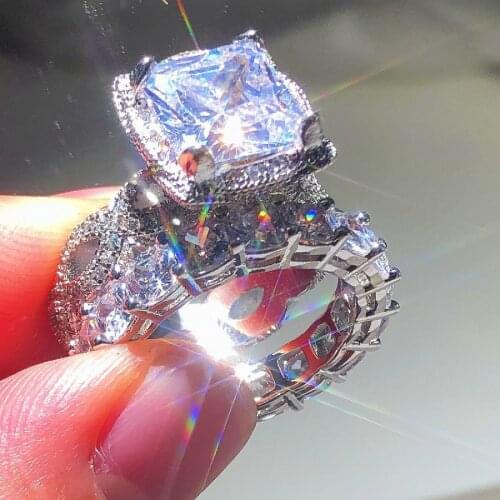 Original 925 Sterling Silver Rings For Women Four claws Square Simulated Diamond Wedding Engagement Ring set 2-in-1 Jewelry