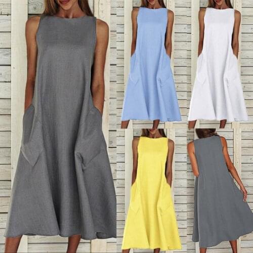 Vintage Dress Women Streetwear Solid Color O Neck Sleeveless Pockets Large Hem Long Loose Dress women Summer Dresses Vestidos