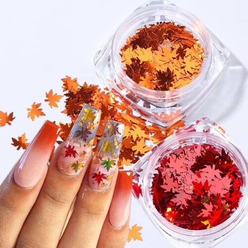 1 Box 3D Maple Leaves Nail Art Sequin Holographic Gold Red Thin Paillette Flake Autumn Manicure Nail Art Decoration Decor GL1528
