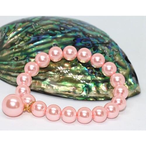 Candy Color Pink Shell Simulated-pearl Strand Bracelet Round Beads 10mm Girls Gifts Elastic Rope Fashion Jewelry 7.5inch B1711