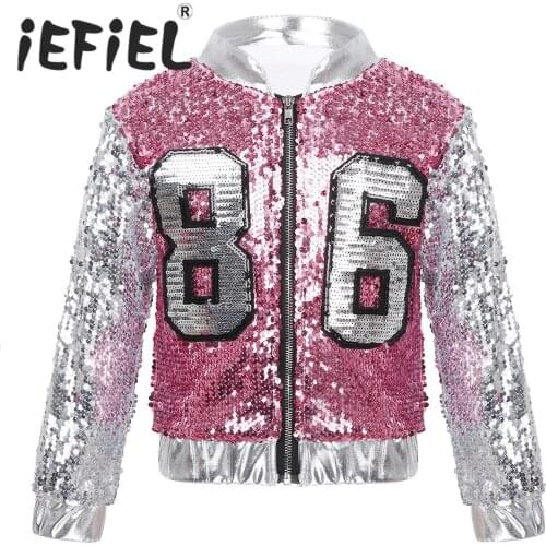 Kids Girls Glittery Sequined Coat Long Sleeve Front Zippered Jacket Coat Dancewear for Jazz Hip Hop Dance Stage Performance