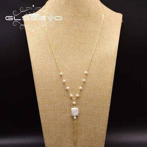 GLSEEVO Long Pendant Necklace Natural Fresh Water White Pearls For Women Girl Lovers' Minimalist Birthday Luxury Jewelry GN0167