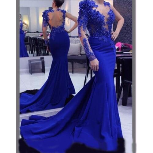 Long Evening Dress 2020 Mermaid Lace Royal Blue Formal Evening Dresses Arabic Evening Gowns Robe De Soiree