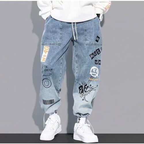 HOUZHOU Mens Jeans Pants Denim Pants Blue High Waisted Jeans Baggy Printed Denim Trousers Male Jeans Hip Hop Streetwear 5XL