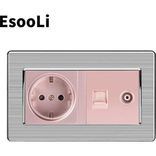 Esooli Gold EU Standard Wall Socket+Female TV With Internet Computer Data RJ45 CAT6E Connector Stainless Steel Brushed