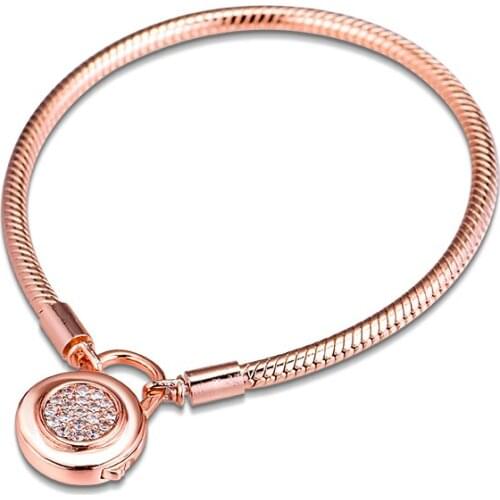 MOMENTS Smooth Bracelet with Signature Padlock For Woman DIY Beads & Charms Authentic Silver Fashion Jewelry Bracelets