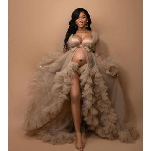 Khaki Kinono Gowns Prom Dresses Ruffles Maternity Robes Women Photoshoot Bathrobe Fluffy Party Sleepwear Custom Made